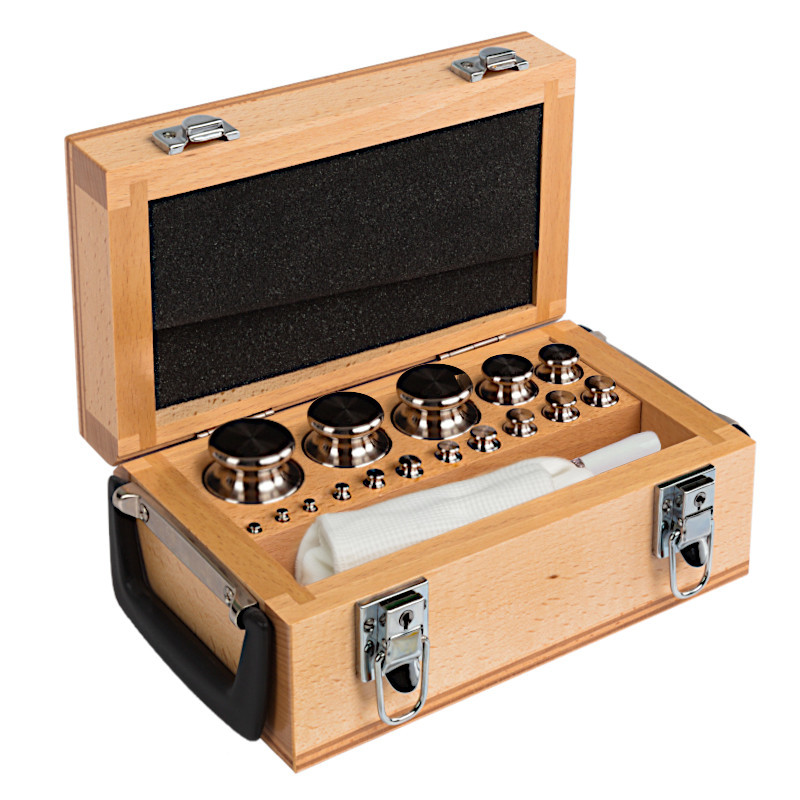 F2 Mass Standard - Knob Weights With Adjustment Chamber, Set (1 g - 5 kg), Wooden Box