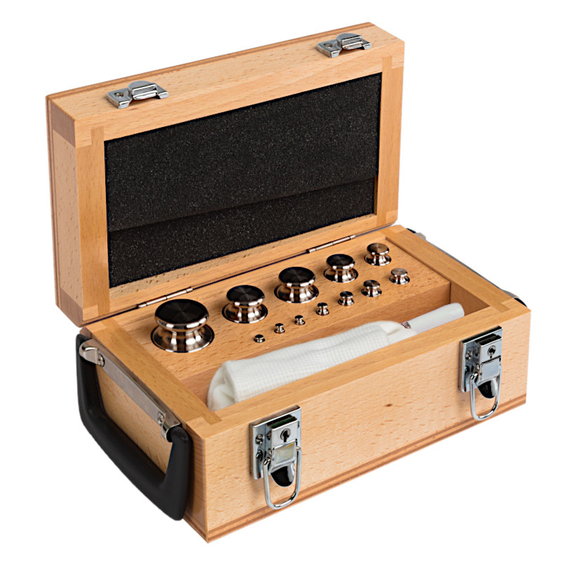F2 Mass Standard - Knob Weights With Adjustment Chamber, Set (1 g - 500 g), Wooden Box